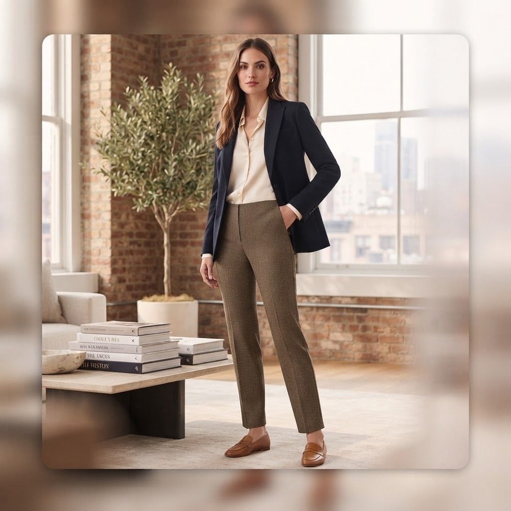 Eleven Luxe Dress Pants 10 Brown Micro Houndstooth High Waist Straight Leg Zip